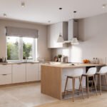 Modern kitchen interior with chairs at the kitchen island in 3d render. Computer-generated image of small kitchen interior.