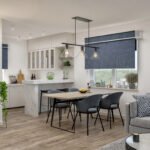 Dining room and kitchen with wooden table and floor in modern apartment. Interior design